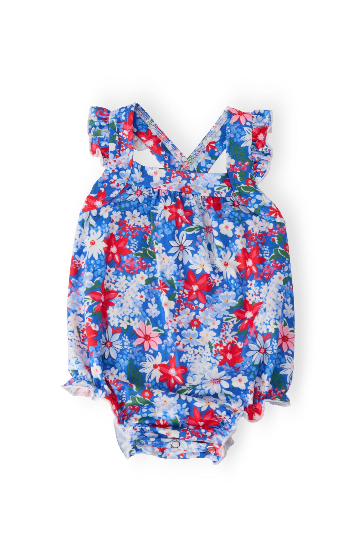 Floral ruffle cross-back romper, blue with red and white flowers