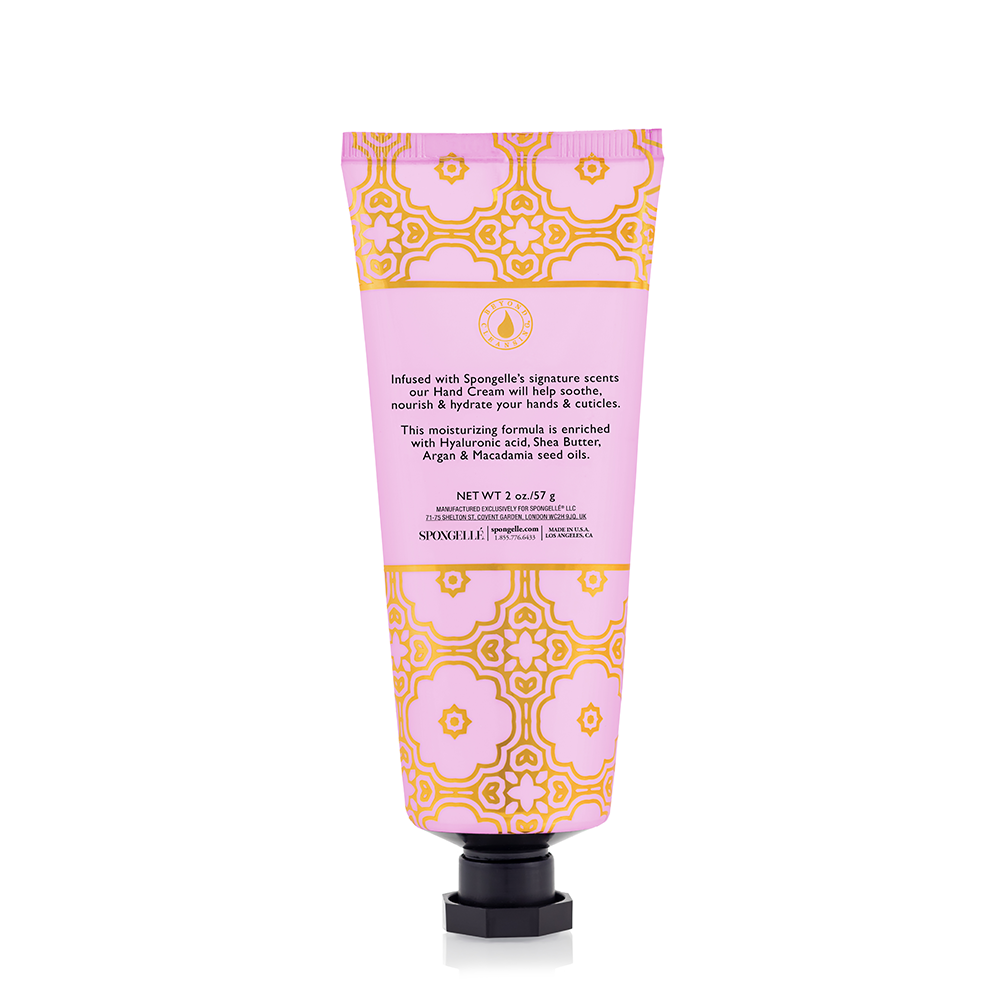 SPONGELLE French lavender hand cream tube back view with ingredient text panel.