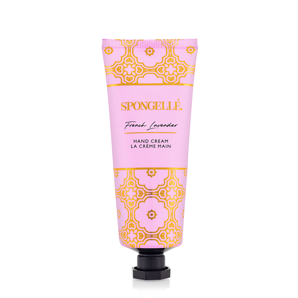 SPONGELLE French lavender hand cream tube, orange and purple patterned design.