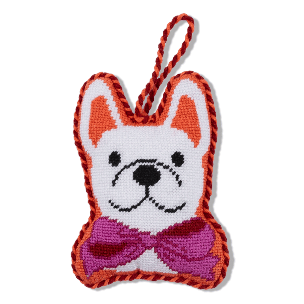 French bulldog needlepoint icon ornament with pink bow and hanging loop