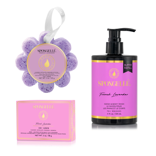 Lavender flower-shaped pedi buffer sponge with ribbon and label