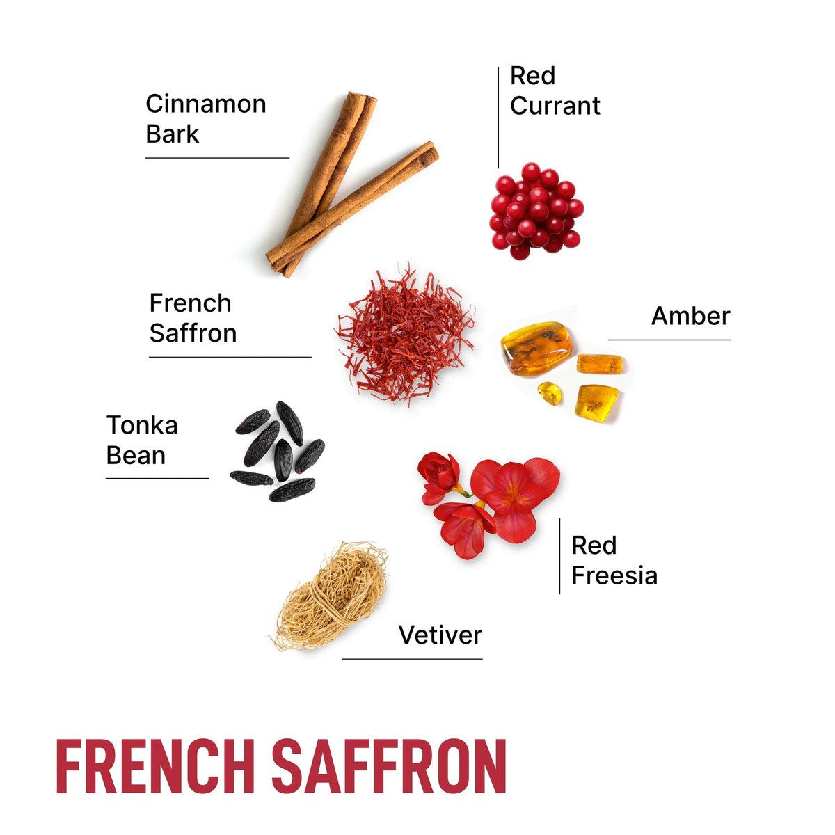 Scent profile card for French saffron with spices, flowers, and amber ingredients