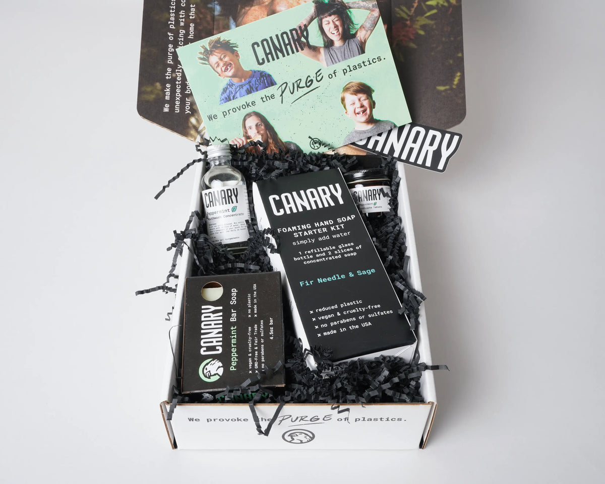 Canary sample bundle arranged in an open box with soap, mouthwash concentrate and hand soap kit