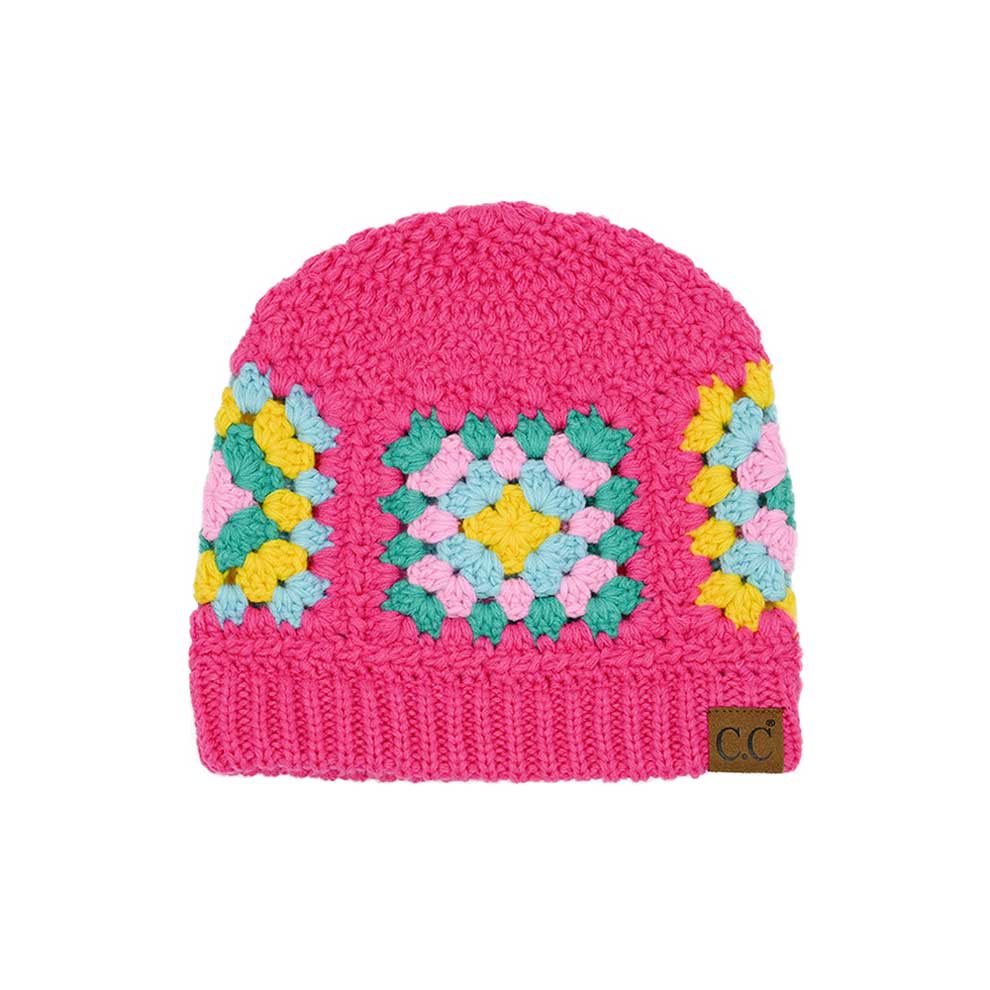 C.C crochet beanie with pink body and multicolor granny square pattern