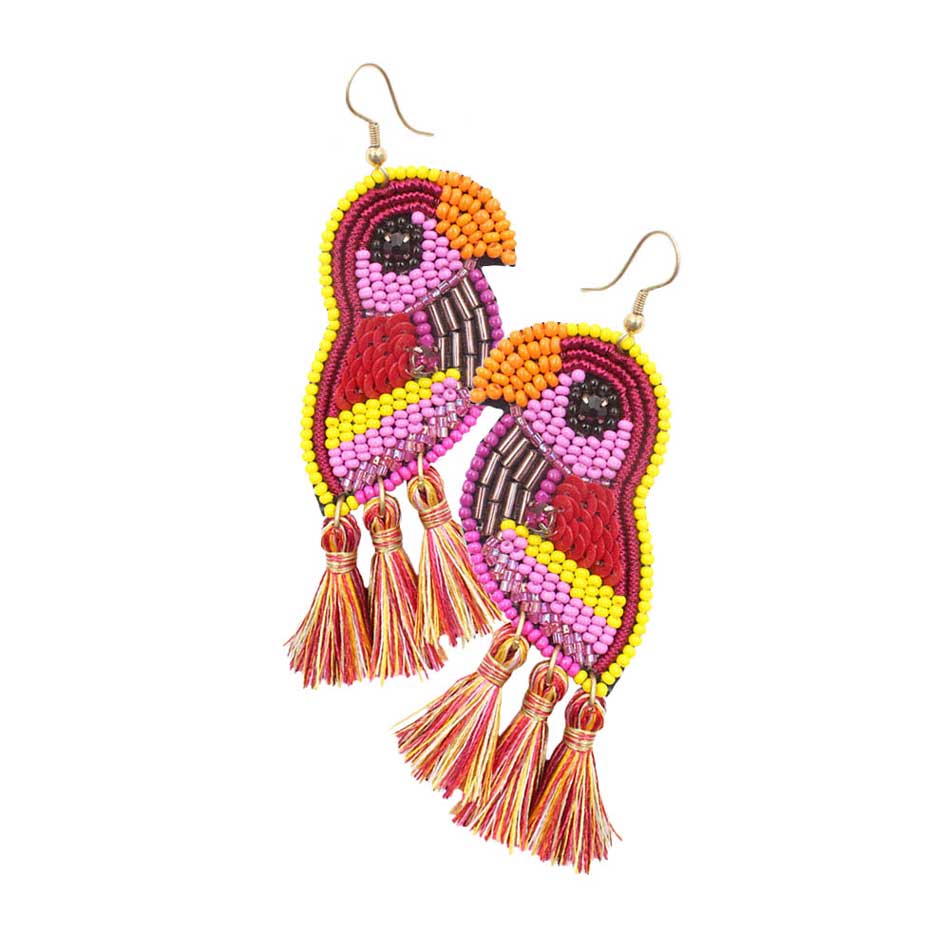 Parrot bead sequin tassel earrings, pink, orange and yellow beads with tassels.