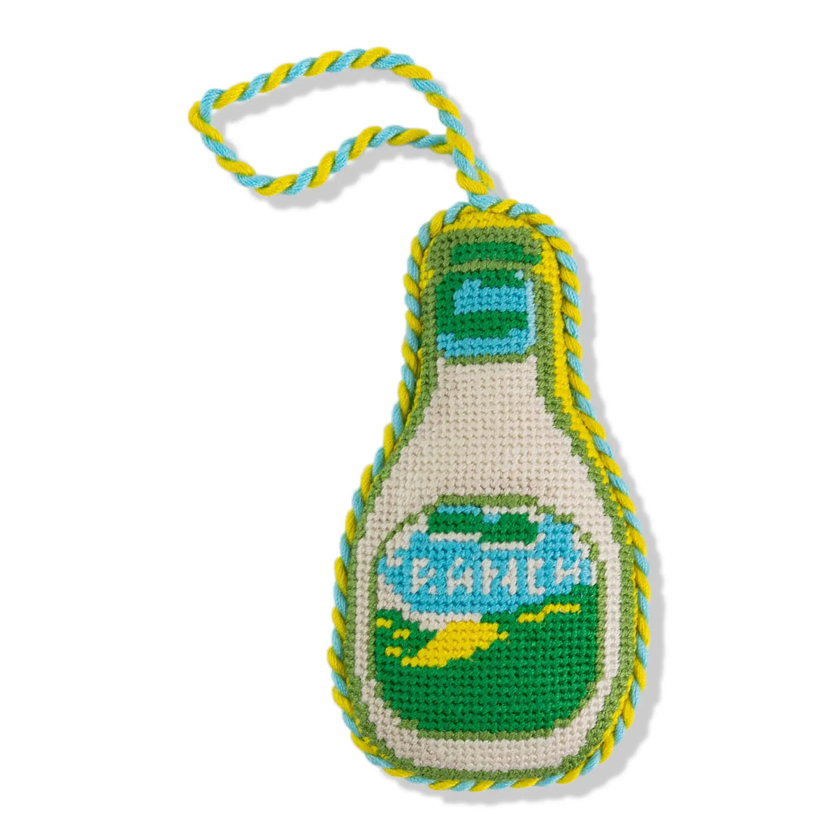 Ranch needlepoint icon ornament, teardrop design with hanging loop and green-yellow scene