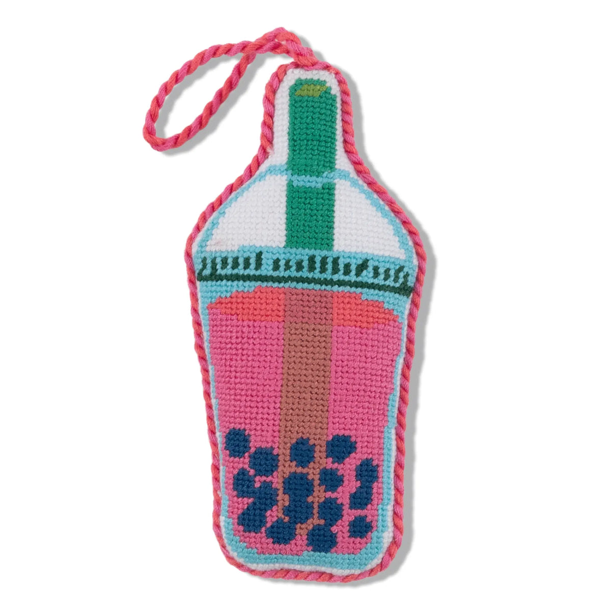 Needlepoint boba icon ornament with pink and teal knit bottle and hanging loop