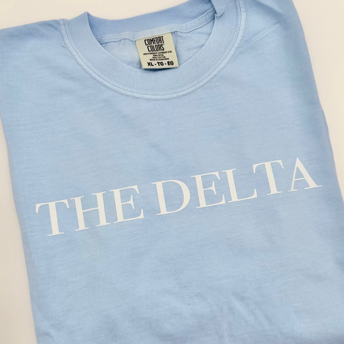 Light blue Delta crewneck T-shirt with large 'THE DELTA' print