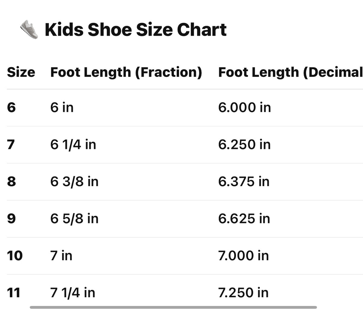 Kids shoe size chart showing foot length measurements for sizes 6 to 11