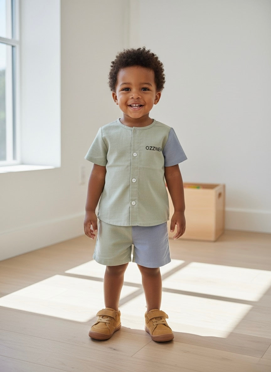 Child wearing tan suede lace-up barefoot sneakers