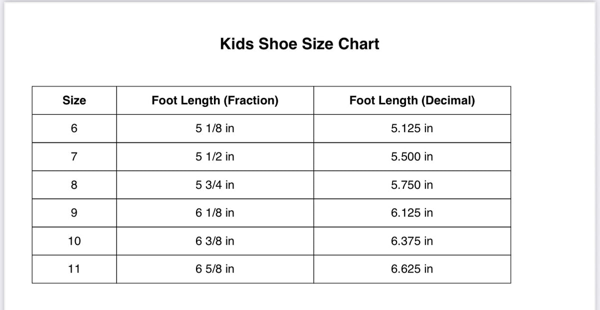 Kids shoe size chart with size 6–11 and foot length measurements in inches