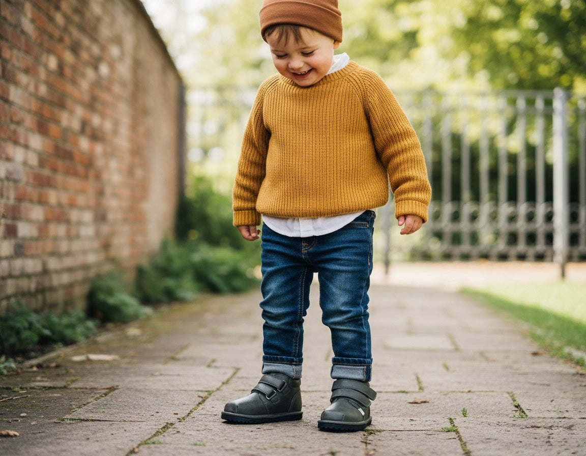 Toddler wearing dark sneakers with hook-and-loop straps and flexible low-profile sole