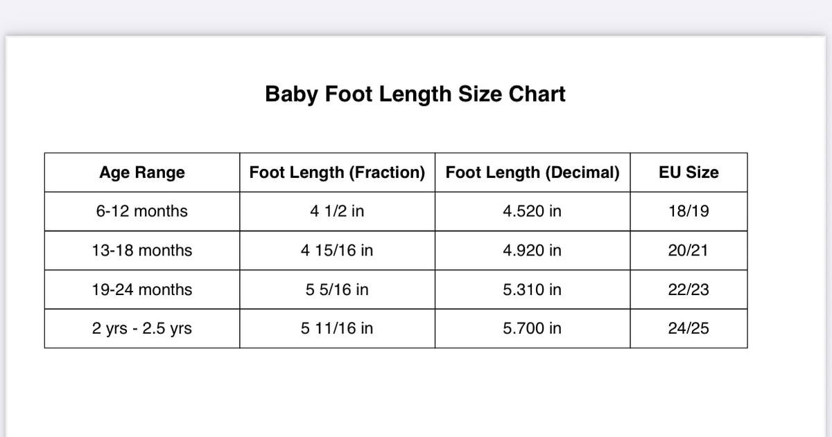 Baby foot length size chart with age ranges, foot length, and EU sizes