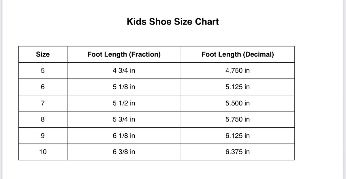 Kids shoe size chart: sizes 5–10 with foot length measurements.