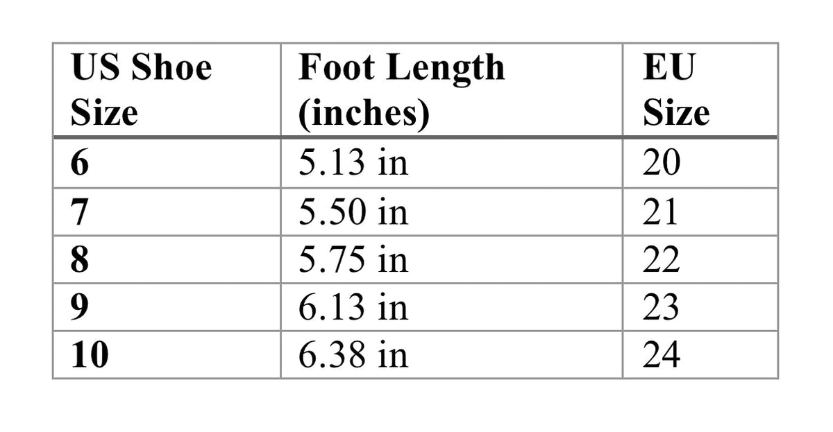 Kids barefoot sneaker size chart: US 6–10, foot length 5.13–6.38 in, EU 20–24.