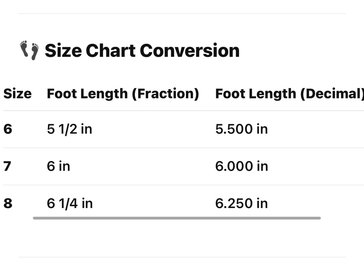 Size chart conversion table: kids shoe size 6–8 with foot length measurements