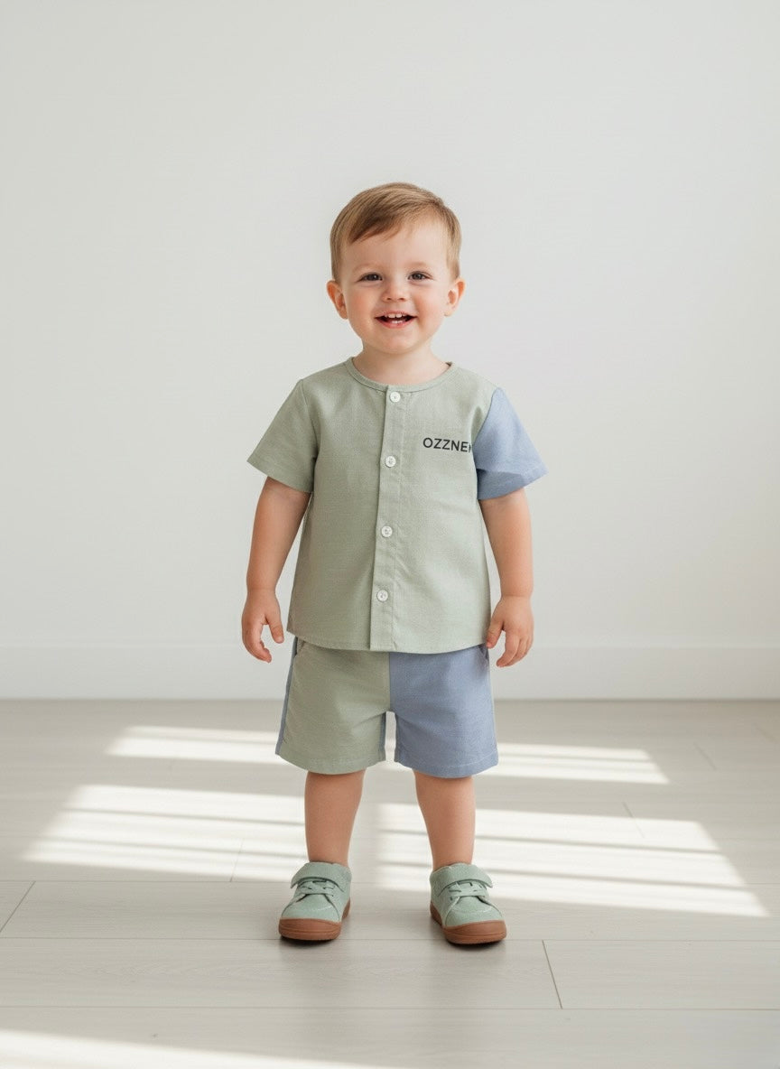 Toddler wearing light green barefoot sneakers with brown flexible sole and lace-up closure