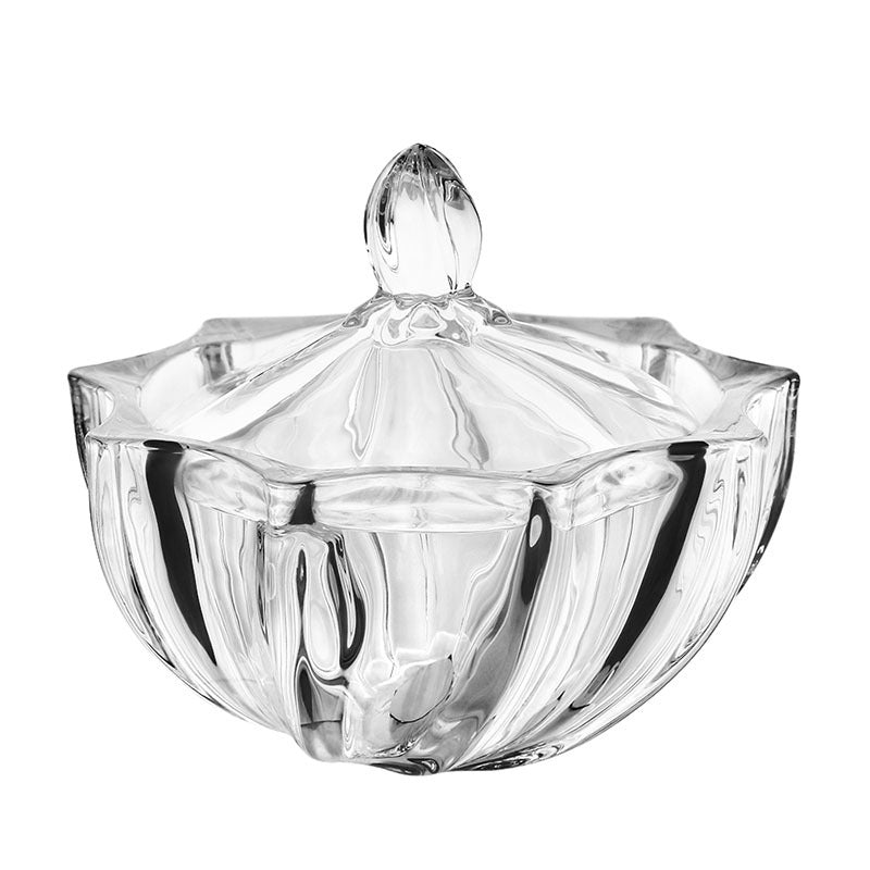 Clear cut-glass jar with a closed faceted lid and fluted sides