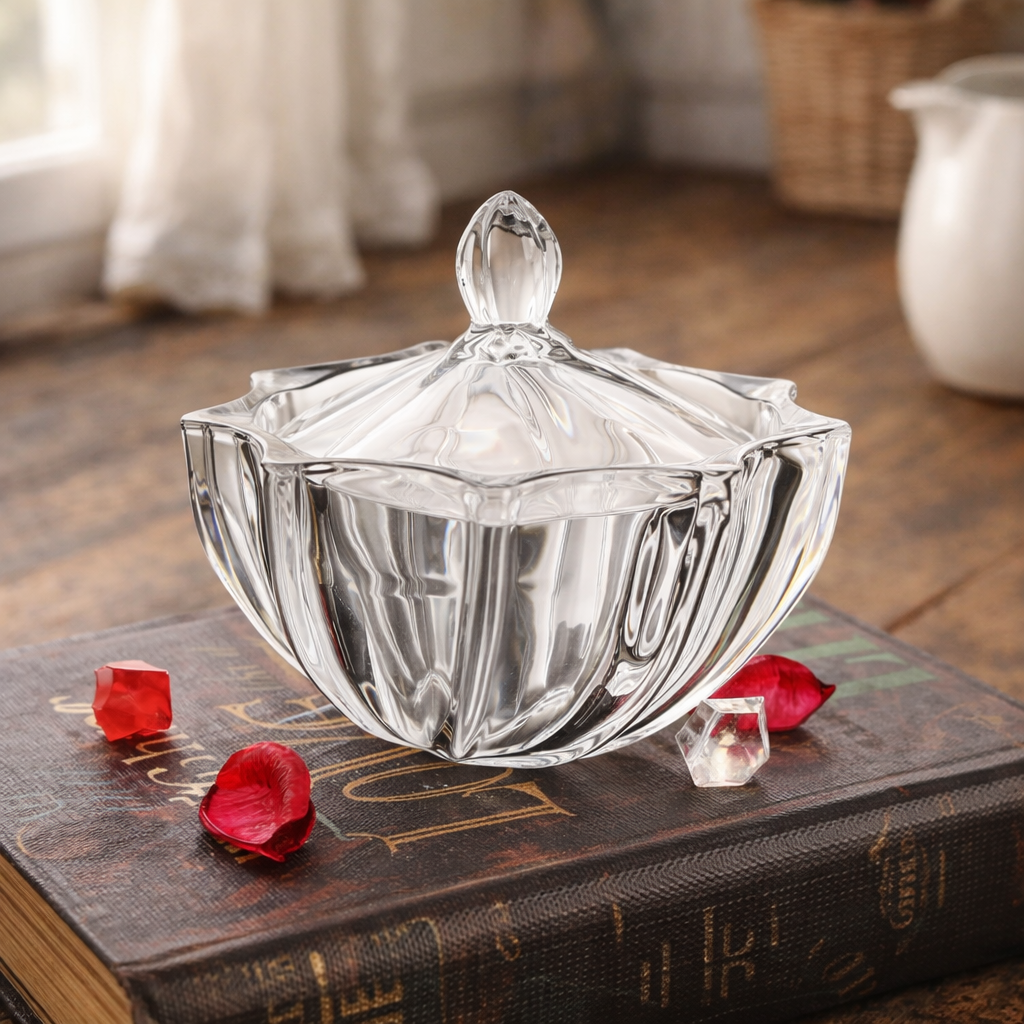 Clear cut-glass jar with a faceted lid and pointed floral silhouette