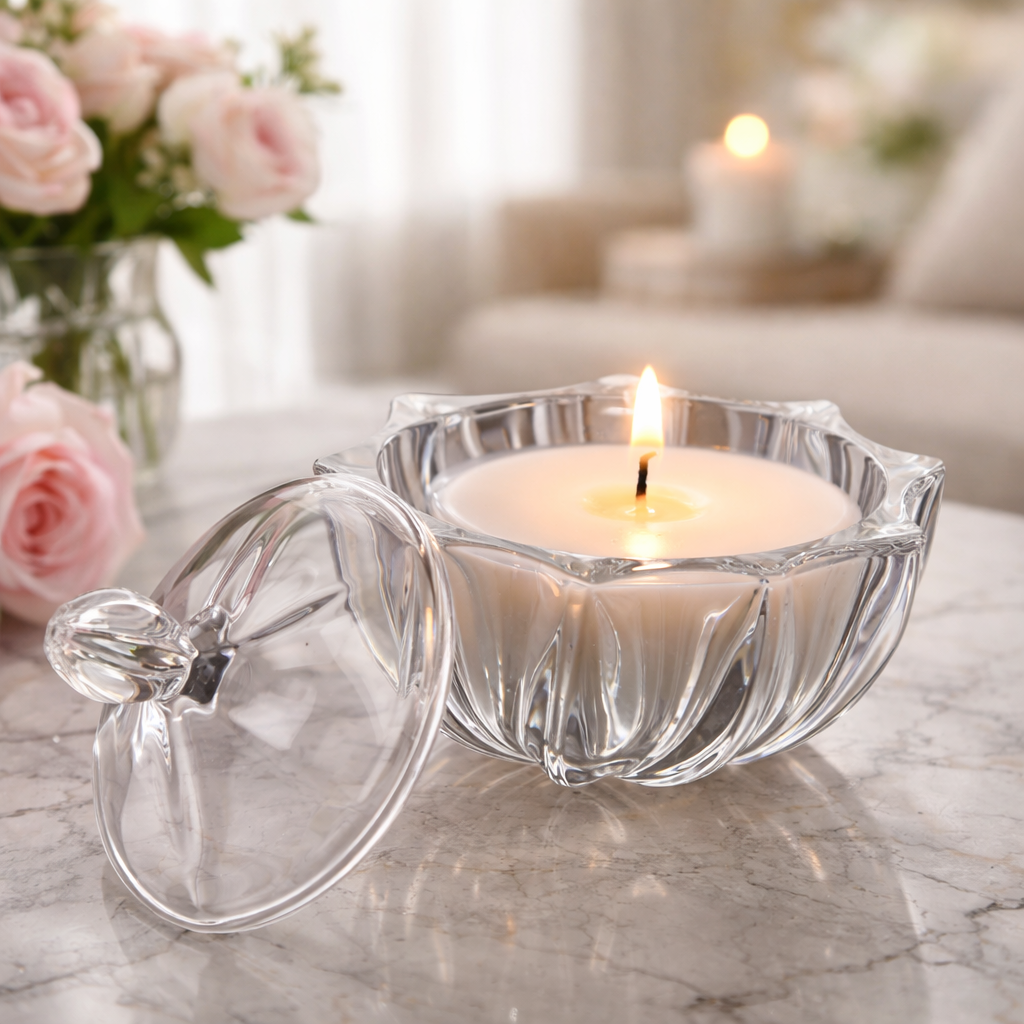 Fluted glass jar holding a lit candle, with the lid set beside it