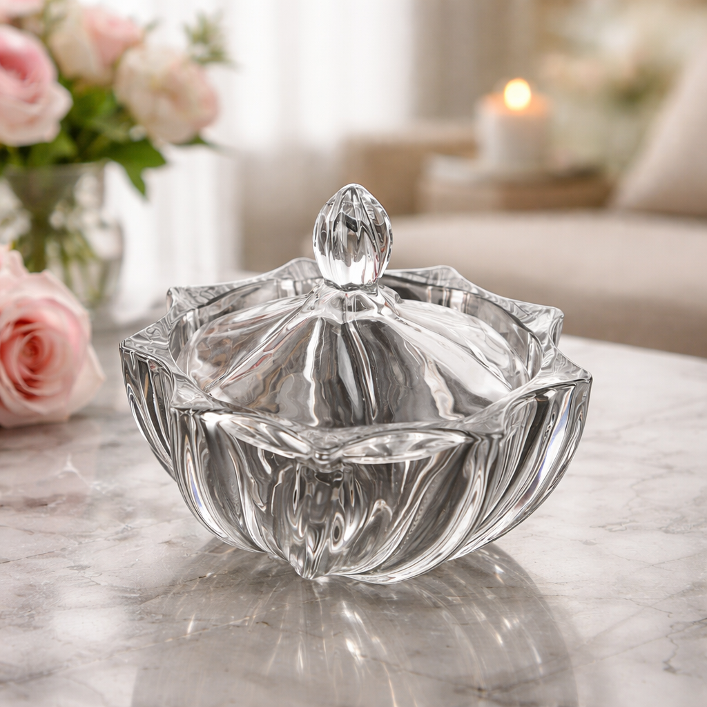 Clear glass jar with a sculpted faceted lid and fluted floral-shaped bowl