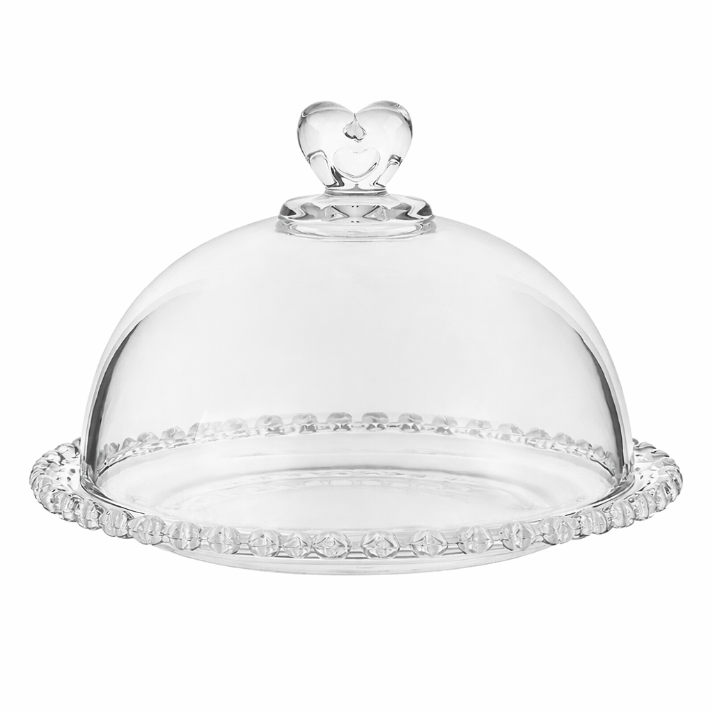 Clear glass serving dome with heart-shaped knob and crystal-cut circular rim