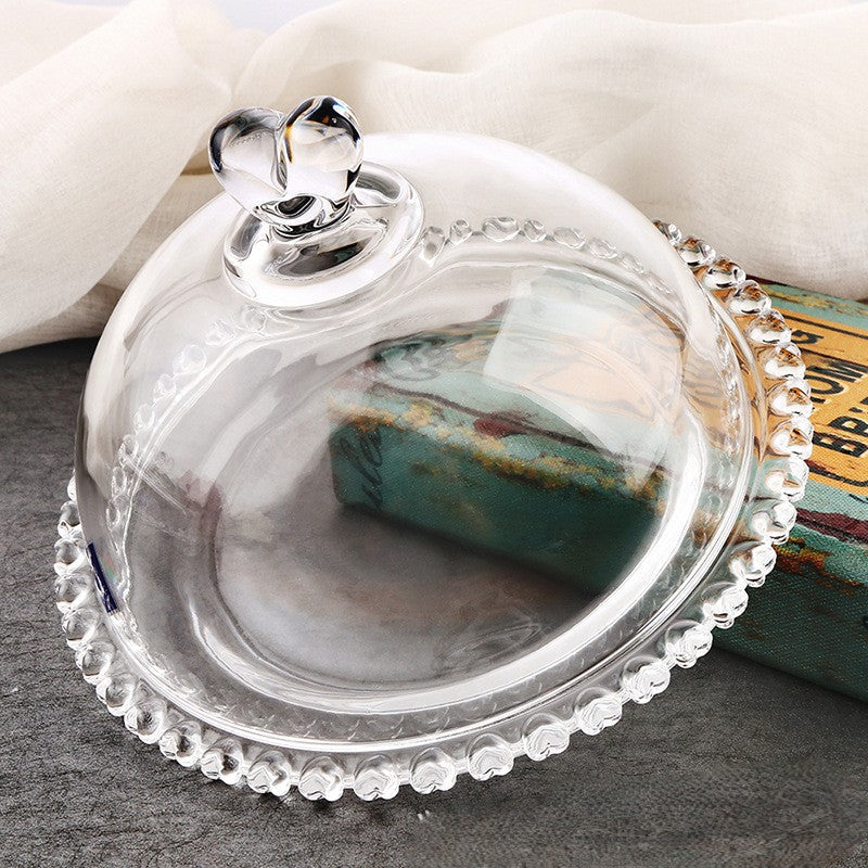 Round crystal-cut glass serving dome with clear knob and decorative beaded rim