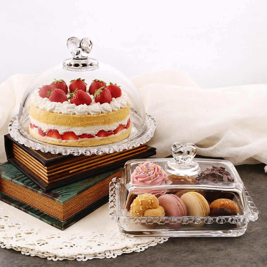 Crystal-cut glass serving dome and covered dish set, round dome and rectangular dish with beaded rims