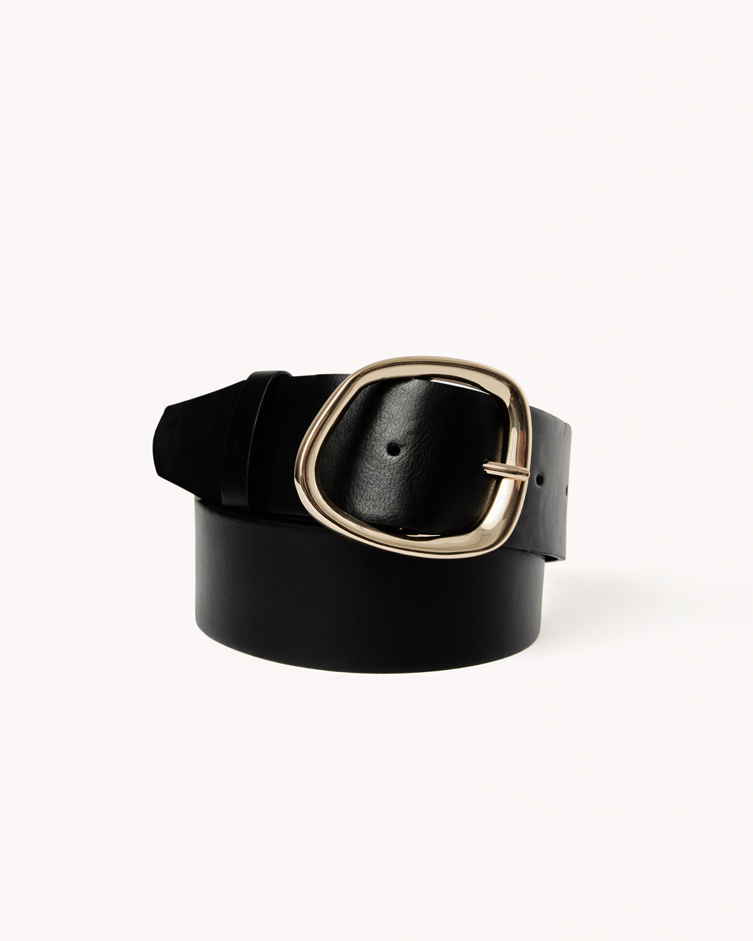 Gabriella Belt black leather belt with oval gold-tone buckle, side view
