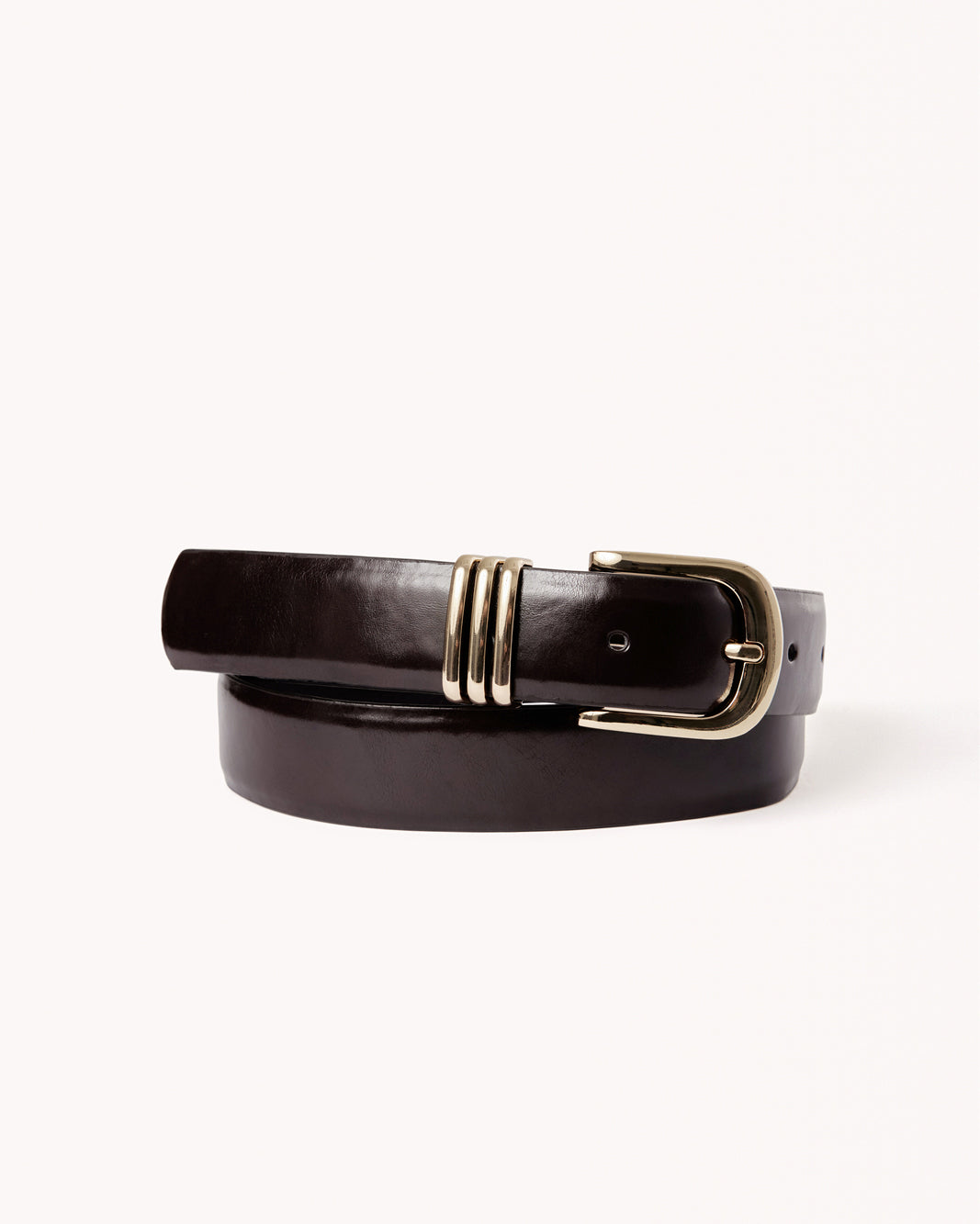 Dark brown leather belt with gold-tone buckle and double keeper rings