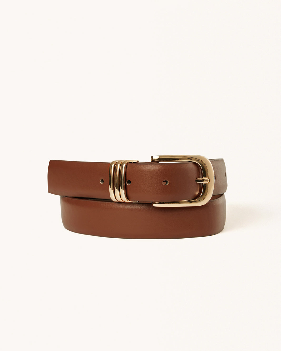 Tan leather belt with gold-tone buckle and double keeper rings