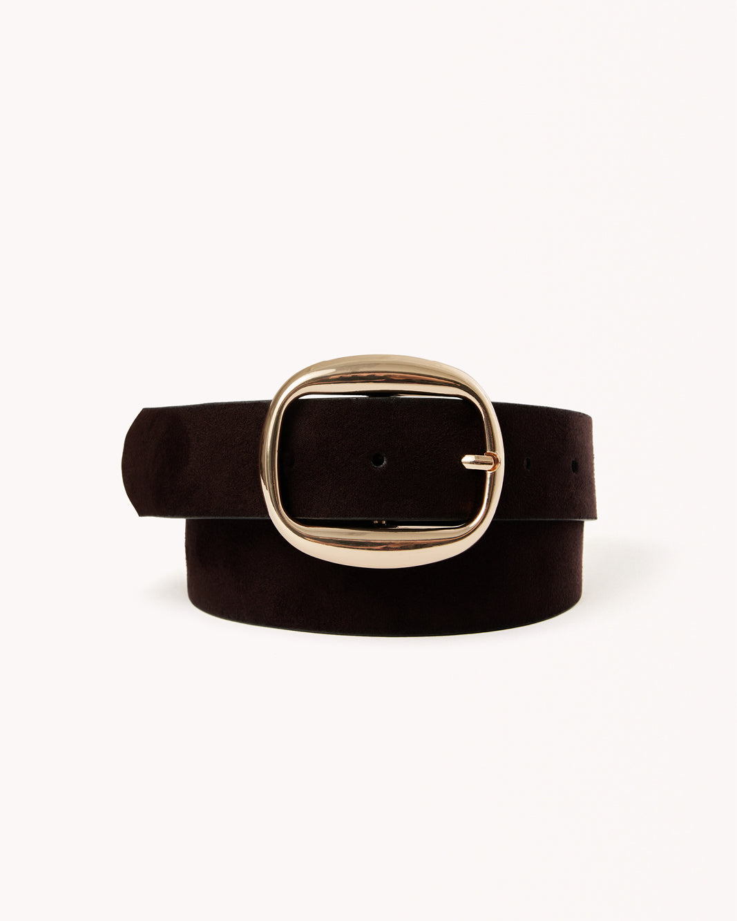 Chocolate suede belt with oval silver-tone buckle and adjustment holes
