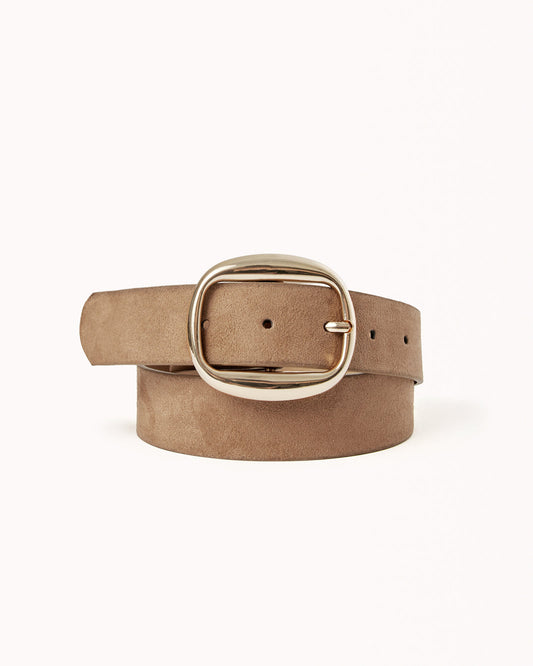 Stone suede belt with oval silver-tone buckle and adjustment holes