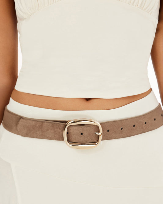 Stone suede belt with oval silver-tone buckle and perforated adjustment holes