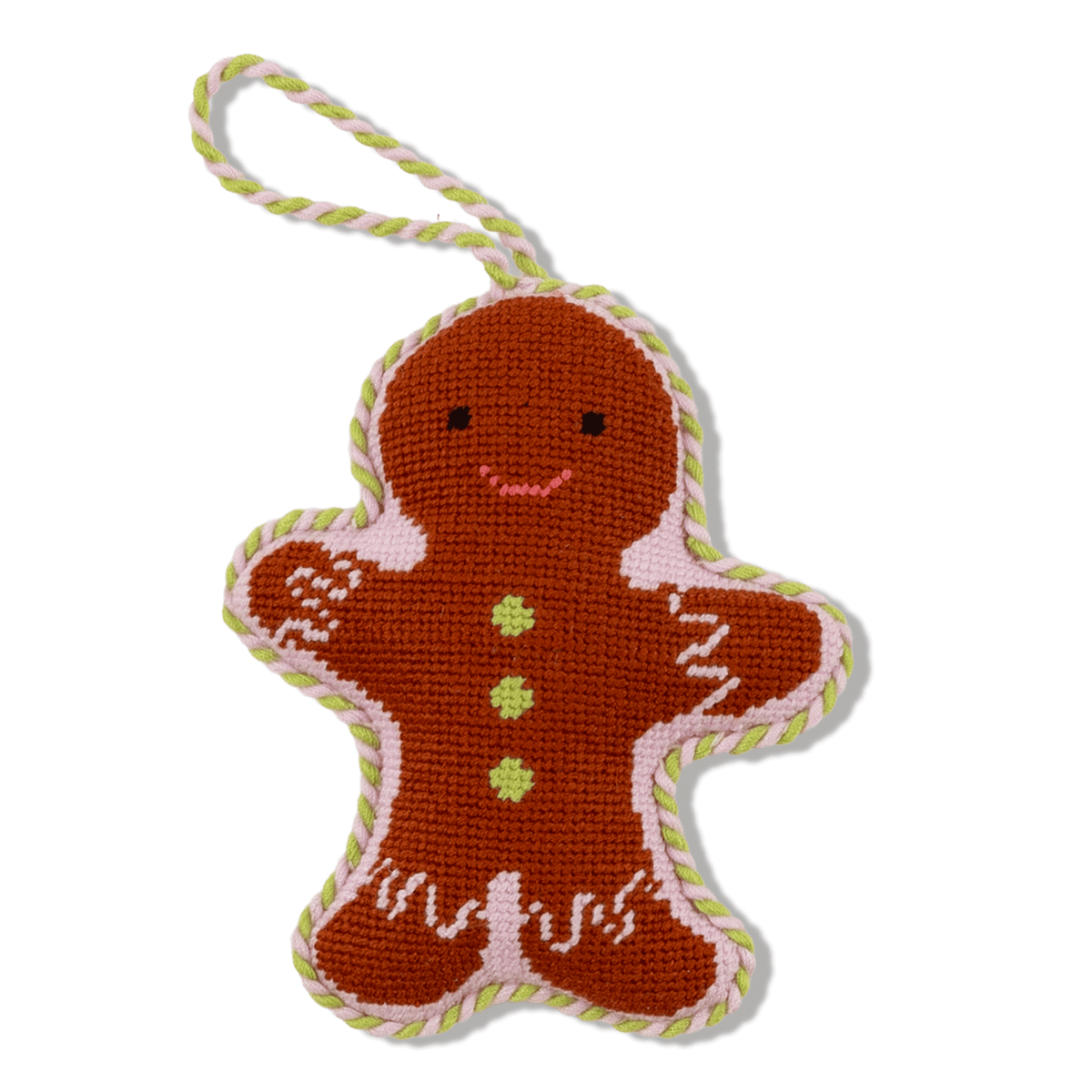 Needlepoint gingerbread man ornament with candy cane twist loop