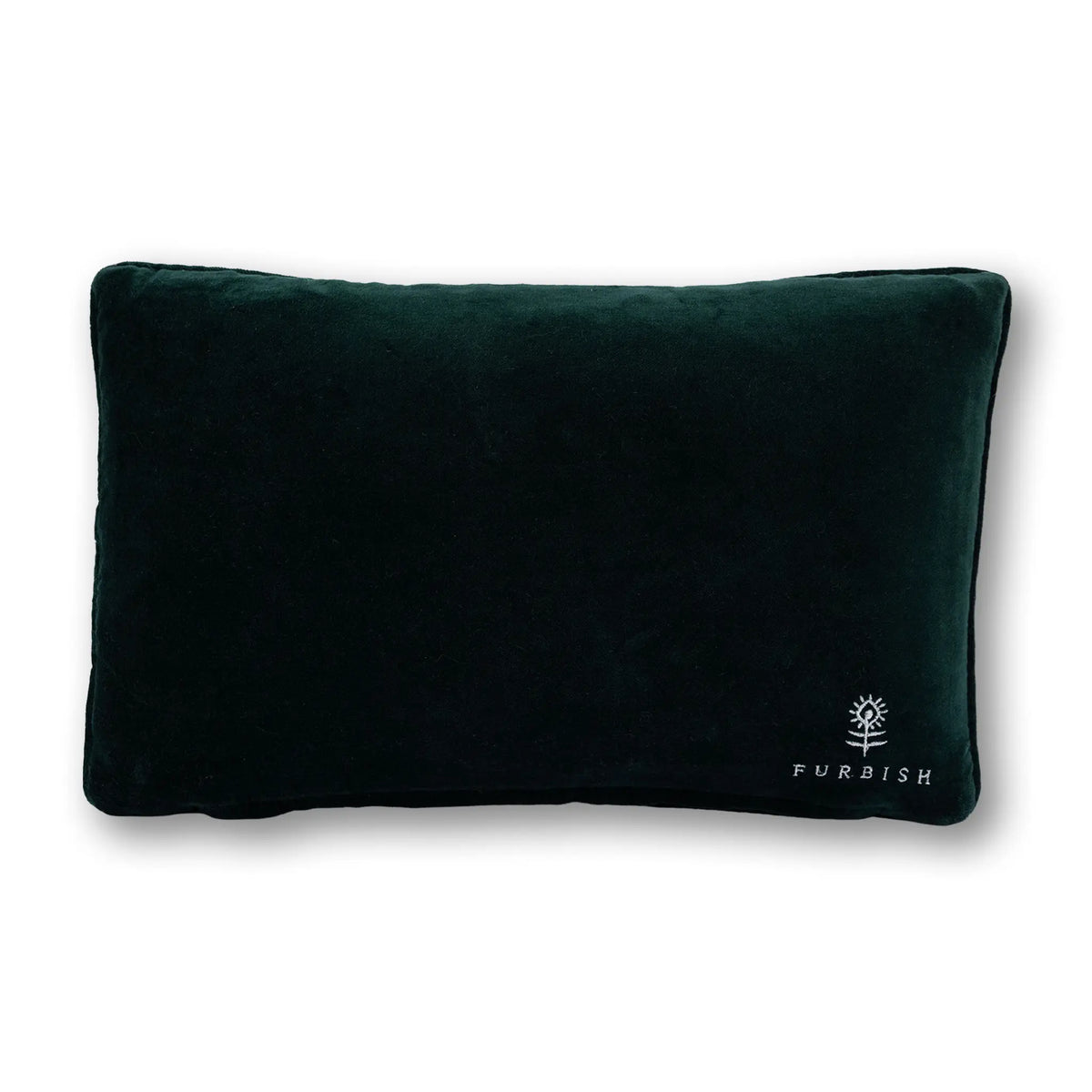 Solid dark green velvet lumbar pillow with Furbish logo on the front
