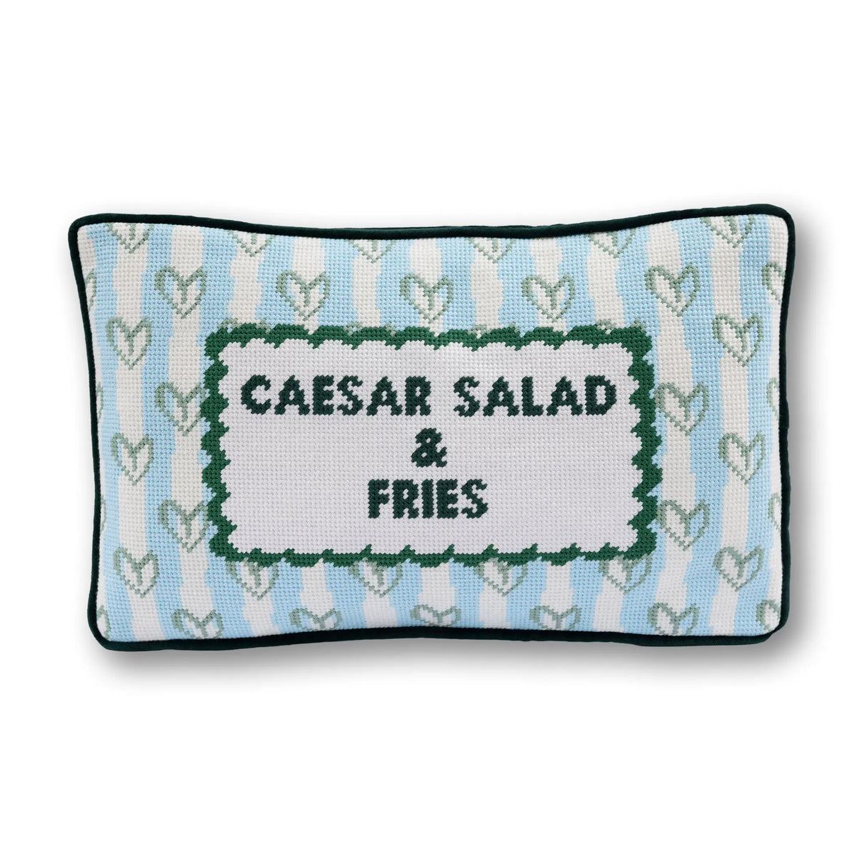 Rectangular needlepoint pillow with Caesar salad & fries text on light blue hearts