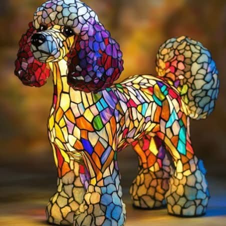 Stained glass dog table lamp with long ears and multicolored mosaic panels