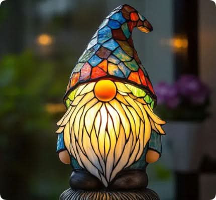 Stained glass dog table lamp with a pointed mosaic hat and long beard