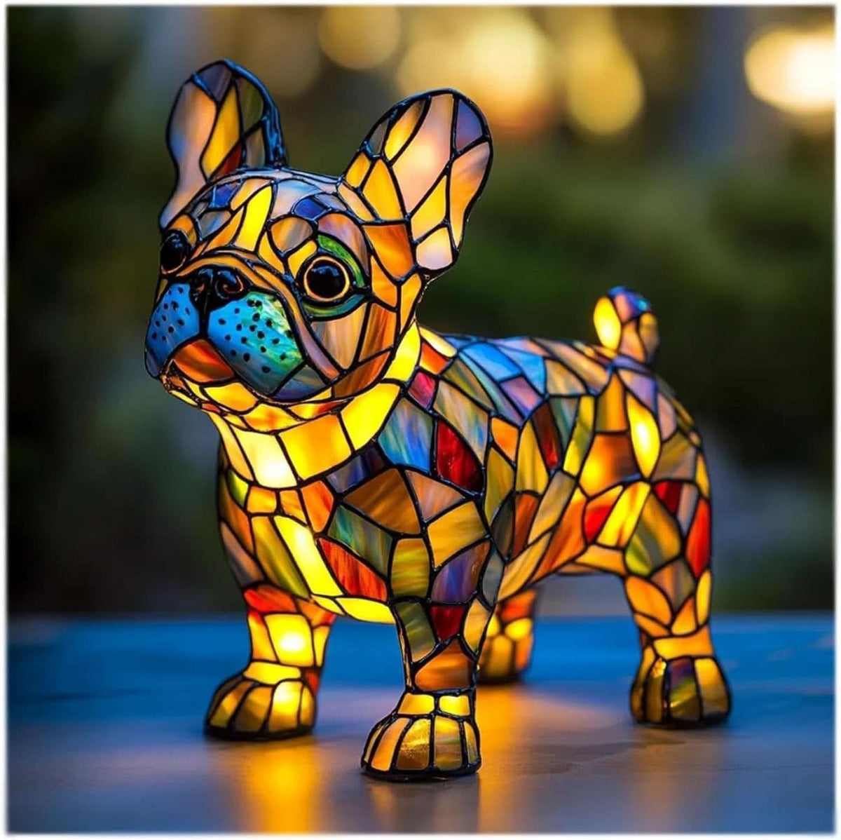 Stained glass French bulldog lamp with upright ears and colorful panels