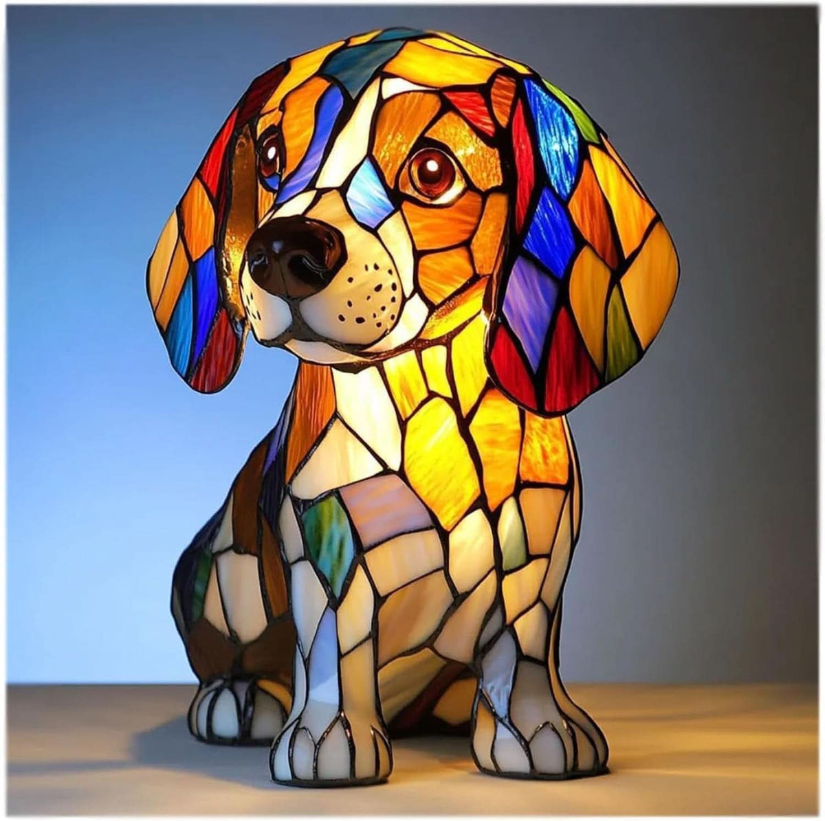 Stained-glass dog table lamp with a seated, floppy-eared dog design in colorful glass.