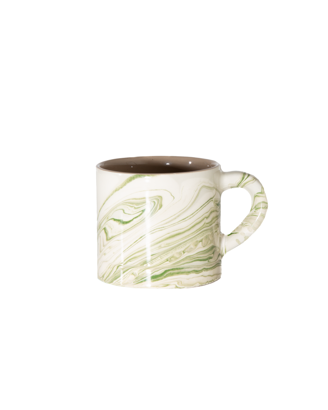 Marbled olive mug, cream with green swirl marbling and side handle