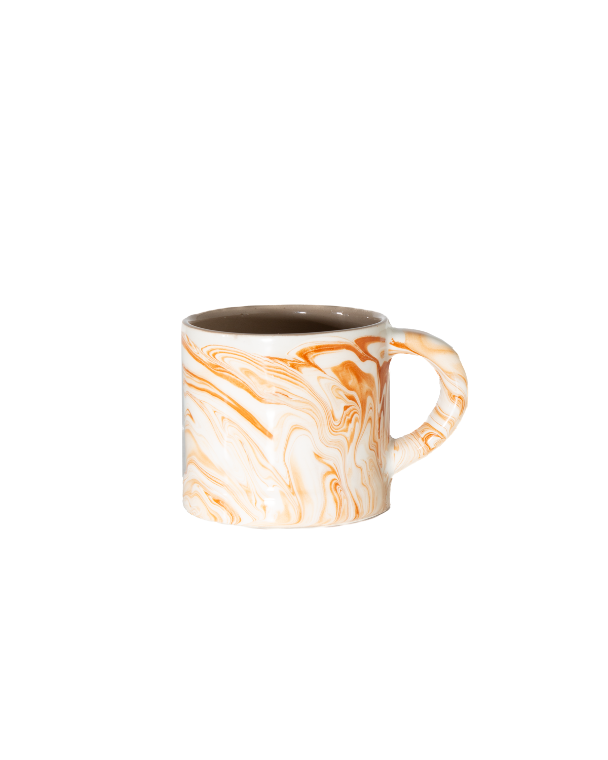 Marbled Terra mug with white base and orange swirl pattern, ceramic handle and rim