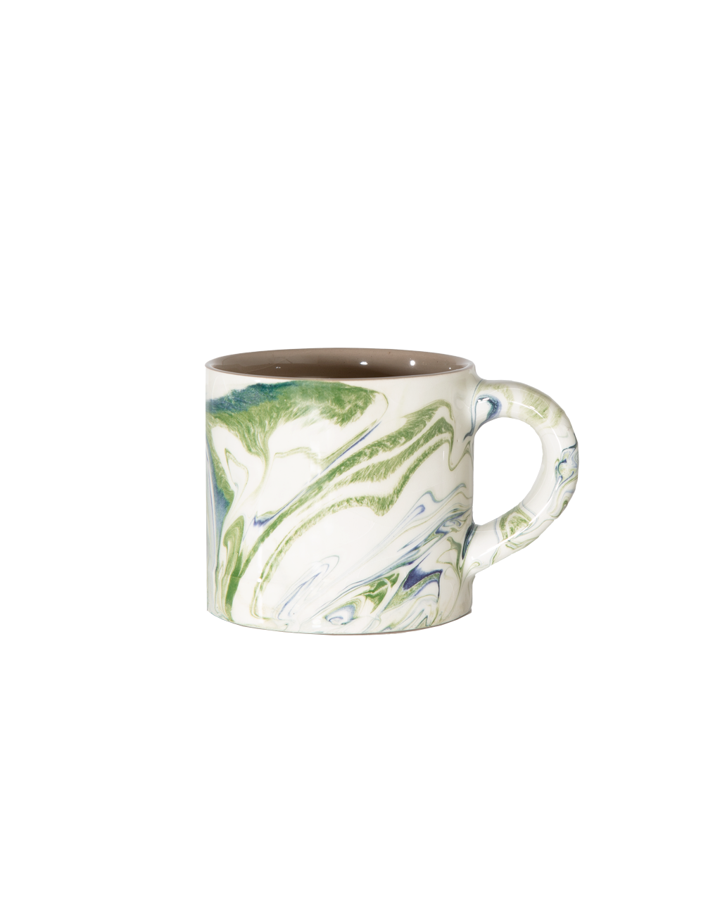 Marbled ocean ceramic mug with green and blue swirls, rounded handle and white rim
