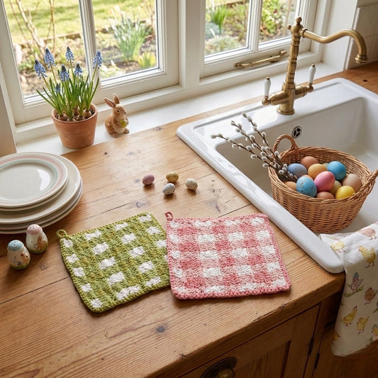 Crochet check pot holders on table: one green and one pink square, textured loop knit.
