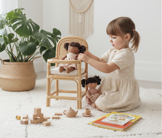 Natural rattan doll high chair with woven back and footrest, shown in a child's play scene