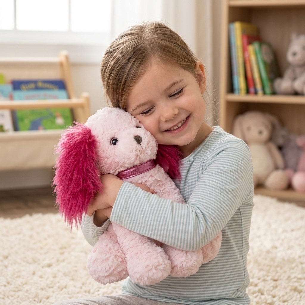 Pink plush dog with fuchsia ears, hugged by a smiling child