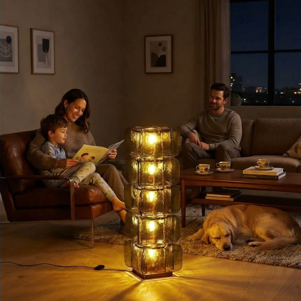 Glowing stacked-panel floor lamp beside a family and dog