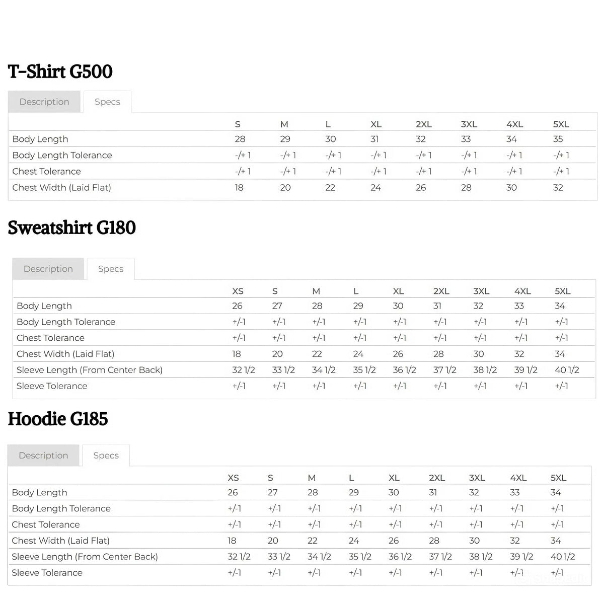 Sweatshirt size chart with measurements for G180 and other styles