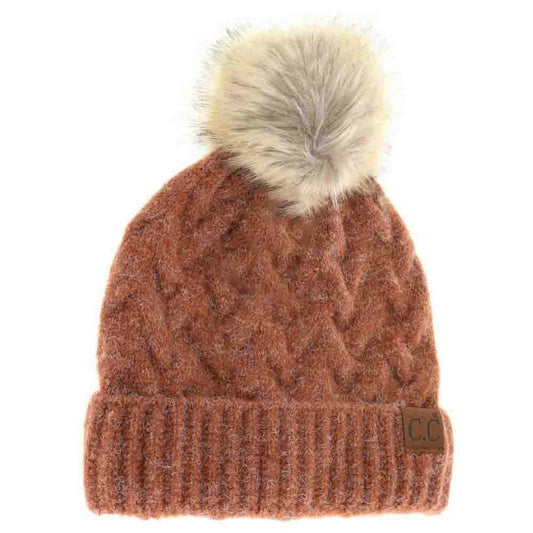 Chunky cable knit beanie with faux fur pom-pom, brown, ribbed cuff and C.C. patch